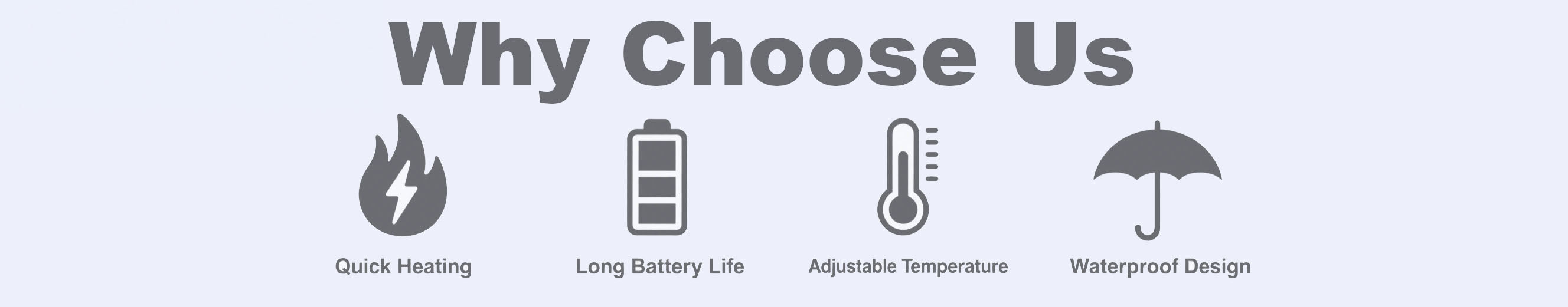 Product features icons: fast heating, long battery life, windproof & waterproof, smart control for heated gloves and apparel