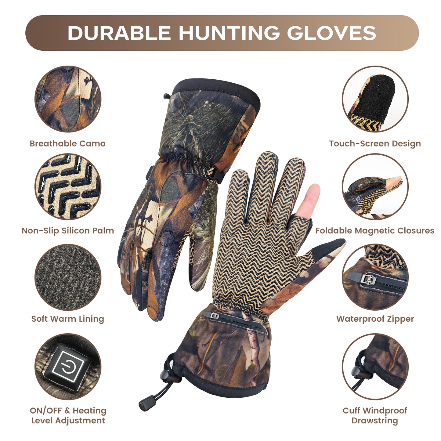 Camouflage Heated Hunting Gloves for Men & Women – Rechargeable, 3 Heat Settings, Waterproof, Silent LED Design