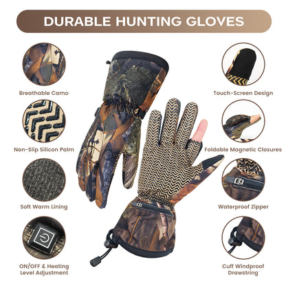 Camouflage Heated Hunting Gloves for Men & Women – Rechargeable, 3 Heat Settings, Waterproof, Silent LED Design