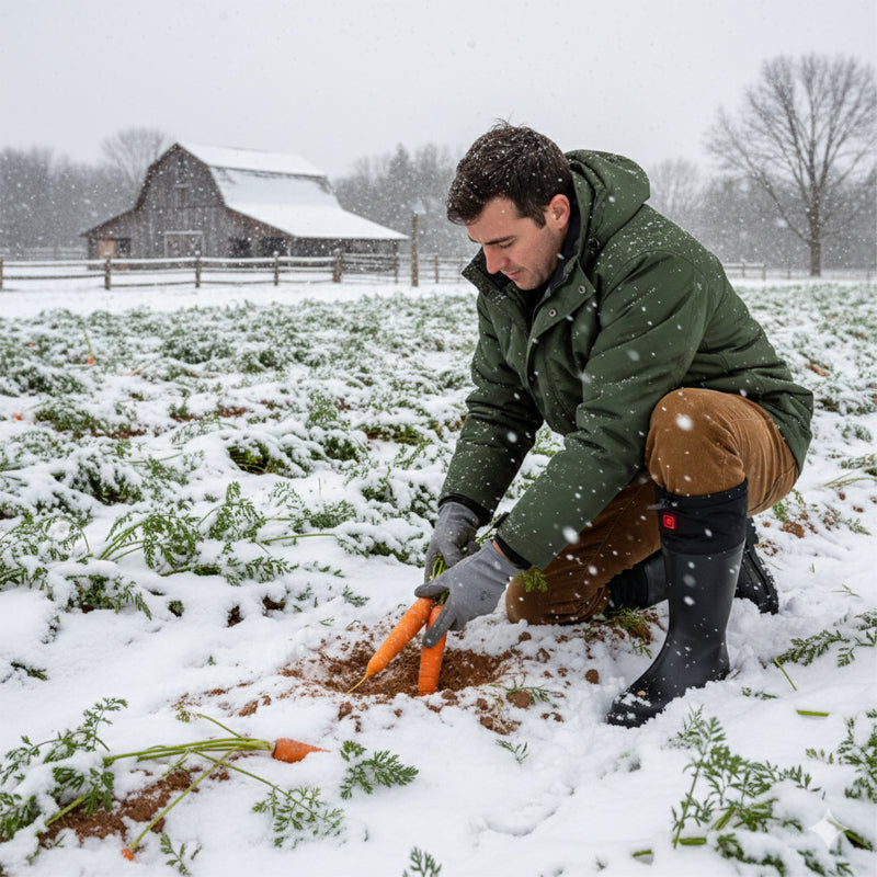 Farmer harvesting carrots in snow wearing thermal work boots