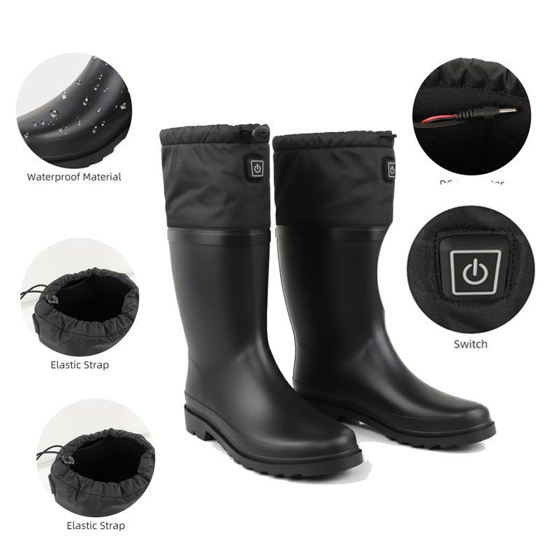 Detail of power button DC connector and waterproof material on heated boots