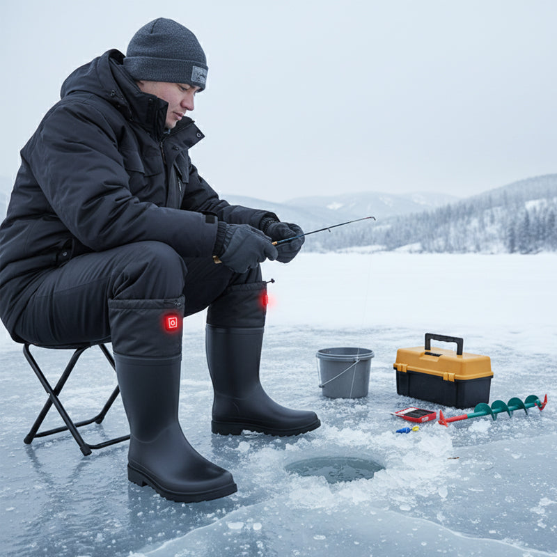 Fisherman wearing heated fishing boots in cold weather outdoor