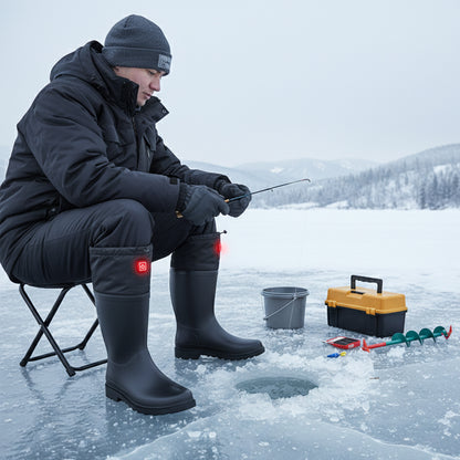 Fisherman wearing heated fishing boots in cold weather outdoor
