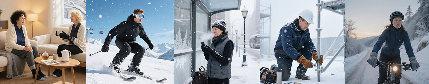 Rechargeable heated gloves, heated socks, and heated clothing for skiing, cycling, fishing, hunting, winter commuting, outdoor work, and healthcare — waterproof design with long battery life.